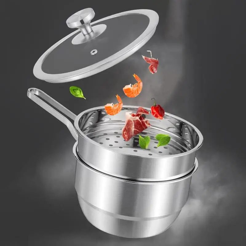 Stainless Steel Milk Pot Double-Layer Steamer Multifunction Steam Pot Cooking Pots(18cm Pot+Steaming Rack