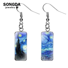 SONGDA Van Gogh peintures poisson crochet boucles d'oreilles la nuit étoilée tournesol iris verre rectangulaire balancelles boucles d'oreilles Art amoureux cadeau