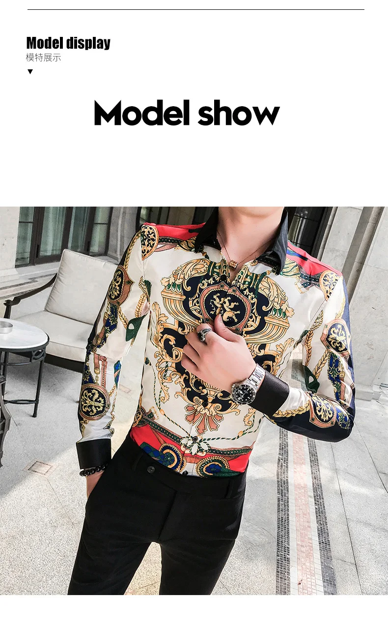 Роскошная рубашка барокко для мужчин Camisas Para Homem повседневные рубашки для мужчин s рубашка осень Chemise Homme De Роскошная модная Клубная мужская одежда
