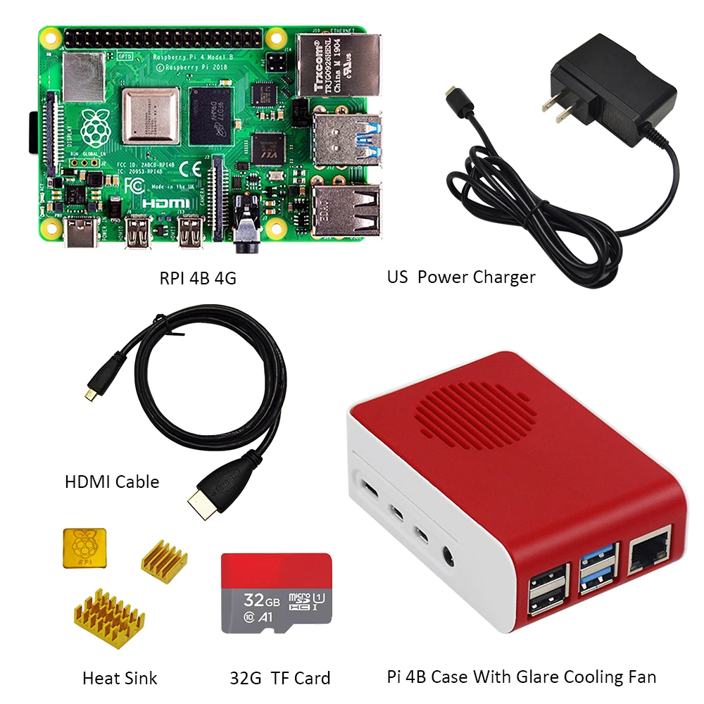 Online Original Raspberry Pi4 Modell B Kit 4GB RAM + fall mit fan + EU US UK Typ  C 5 V 3A Power ladegerät + HDMI kabel + 32G tf karte + kühlkörper