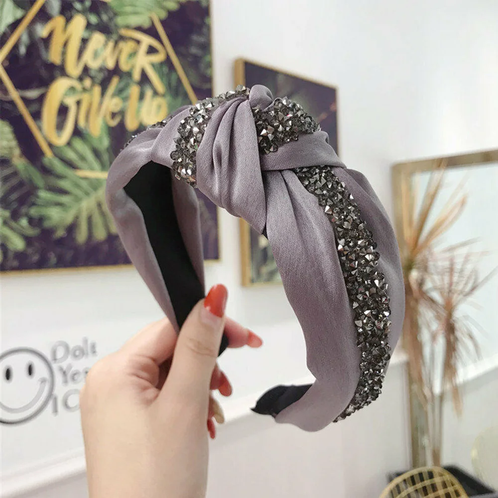 5 Colors Women's Tie Headband Silk Shiny Knot Headbands Crystal Knot Hair Band Women Patchwork Hoop Accessories Headpiece - Цвет: grey