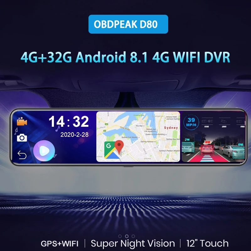 Автомобильный видеорегистратор OBDPEAK D80 умное зеркало заднего вида на Android с 4G Wi Fi