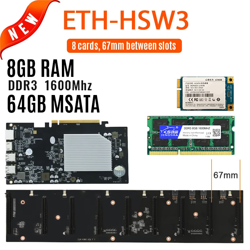 Набор материнской платы для майнинга 8 GPU(67 мм) с ЦП и Гб DDR3 1600 МГц ОЗУ 64 MSATA SSD