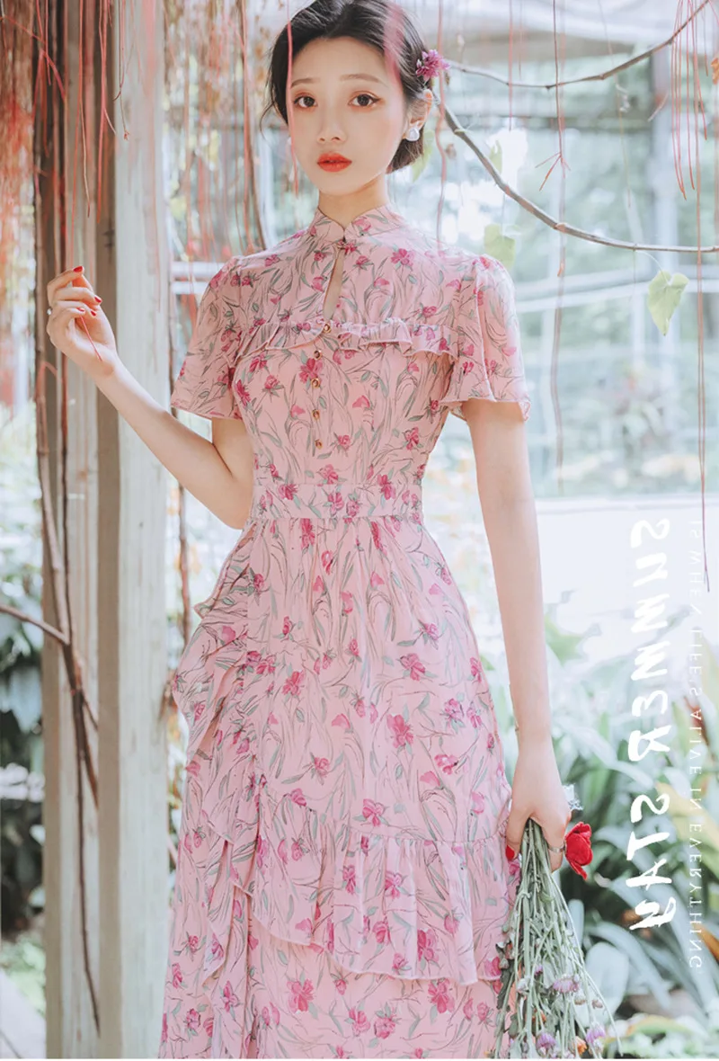 Стиль, летние длинные юбки с цветочным принтом, феи, пасторальный стиль, улучшенное платье чонсам, розовое платье, ретро юбка, 8857