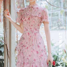 Стиль, летние длинные юбки с цветочным принтом, феи, пасторальный стиль, улучшенное платье чонсам, розовое платье, ретро юбка, 8857