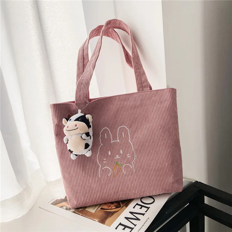 Hylhexyr Women Corduroy Handbag Cotton Canvas Zipper Shoulder Bag Large Capacity Cute Bear Casual Tote Female Tote Bags minimalist wallet Totes