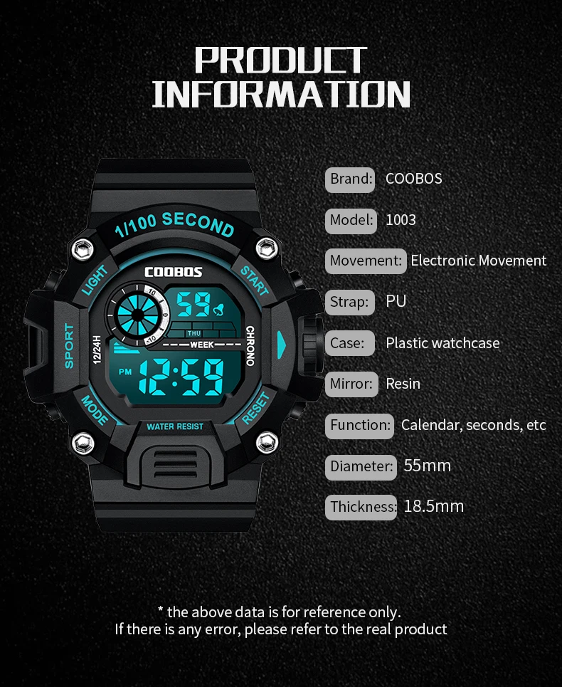 Coobos Men Digital Watch 2022 Birthday Gift Silicone Strap 1/100 Second Sport Clock Green Light Waterproof Wrist Watches for Man