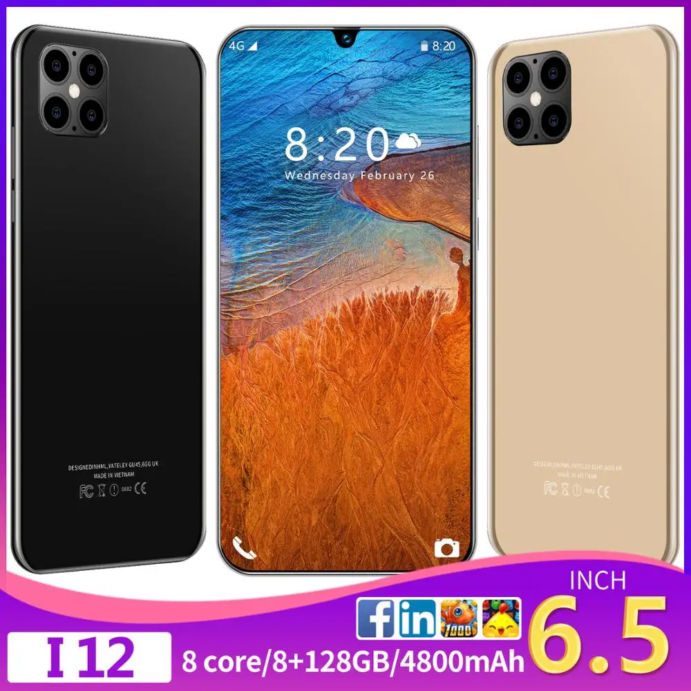 Global Version IP12 13MP Front 24MP Rear Camera Octa Core 8GB+128GB Mobile Phone 6.5' Waterdrop 4800mAh 5G Smartphone Free Ship