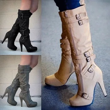 

Women High Heel Autumn Mid Calf Boots Female Zip PU Leather Buckle Platform Sexy Thi Heels Plus Size Ladies Fashion Botas Mujer