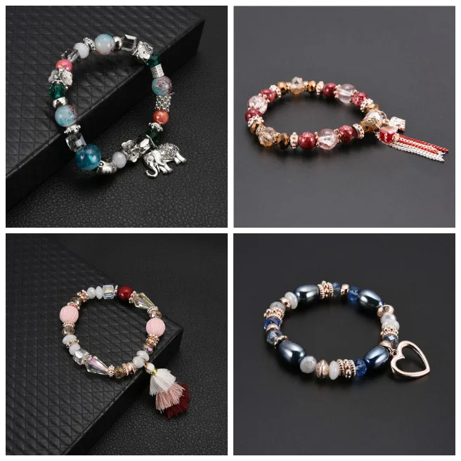 Богемский многослойный браслет с имитацией бисера, цветной браслет с кристаллами и подвесками, эластичный браслет, ювелирное изделие для женщин, подарок