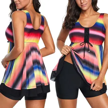 

Women Two Piece Tankini Set with Boyshort Rainbow Gradient Stripes Flared Lace-up Tank Top Swimsuit Boxer Shorts Bathing Suit
