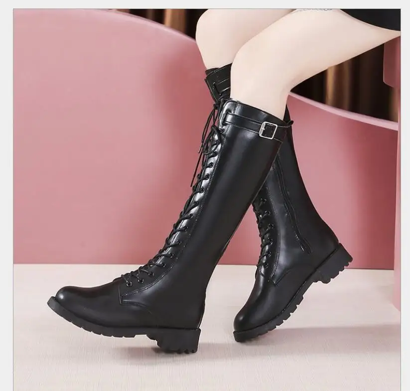 Classic Fashion Black Buckle Strap Long Boots Winter Lace-Up Shoes Women High-Heeled Women Knee-High Long Tube Zipper Boots
