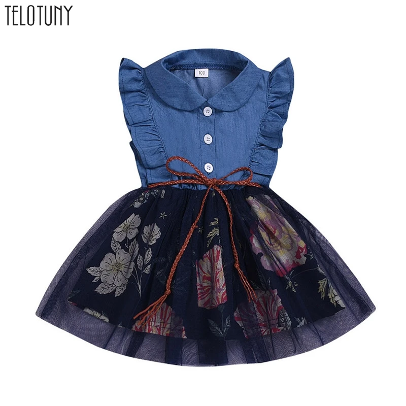 Платье telotuny для маленьких девочек; джинсовое платье с фатиновой юбкой без рукавов с оборками и цветочным принтом; платье принцессы для девочек