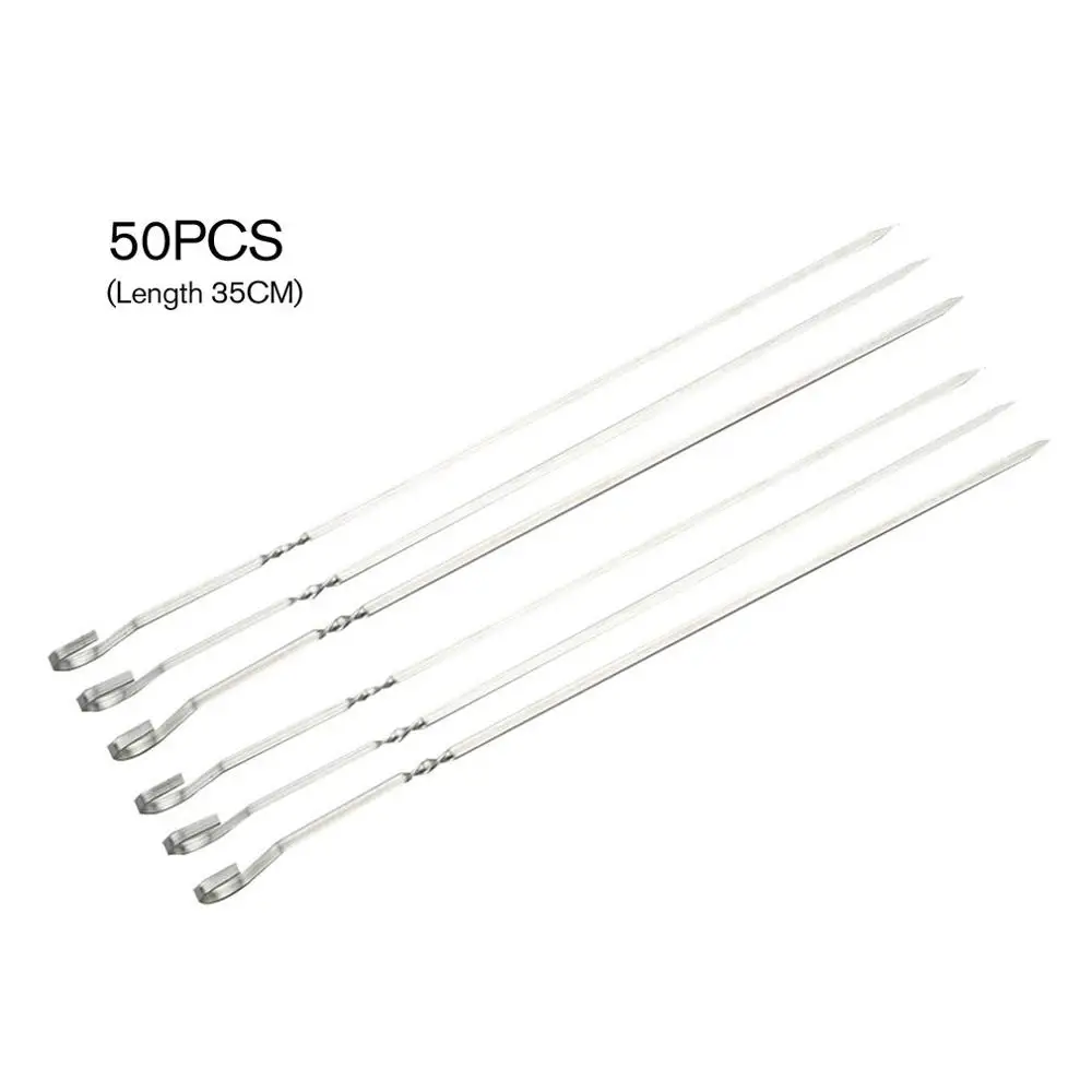 

50pcs Stainless Steel Barbecue Needle BBQ Flat Skewers Sticks Anti-skid Handle Barbecue Sign Kitchen Gadget For outdoor Picnic