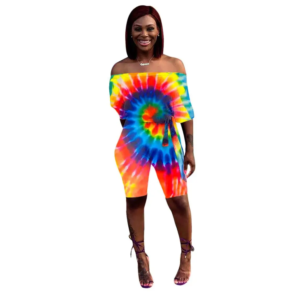 Tie dye костюмы для игры с принтом летние женские сланцы шеи Половина рукава и кружевные шорты пляжный стиль женский Облегающий комбинезон MS3607