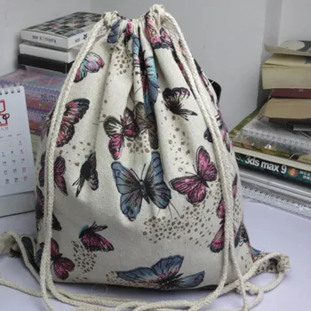 

butterfly print canvas drawstring backpack School Gym Drawstring Bag Canvas Storage Pack Rucksack Pouch back pack for teen