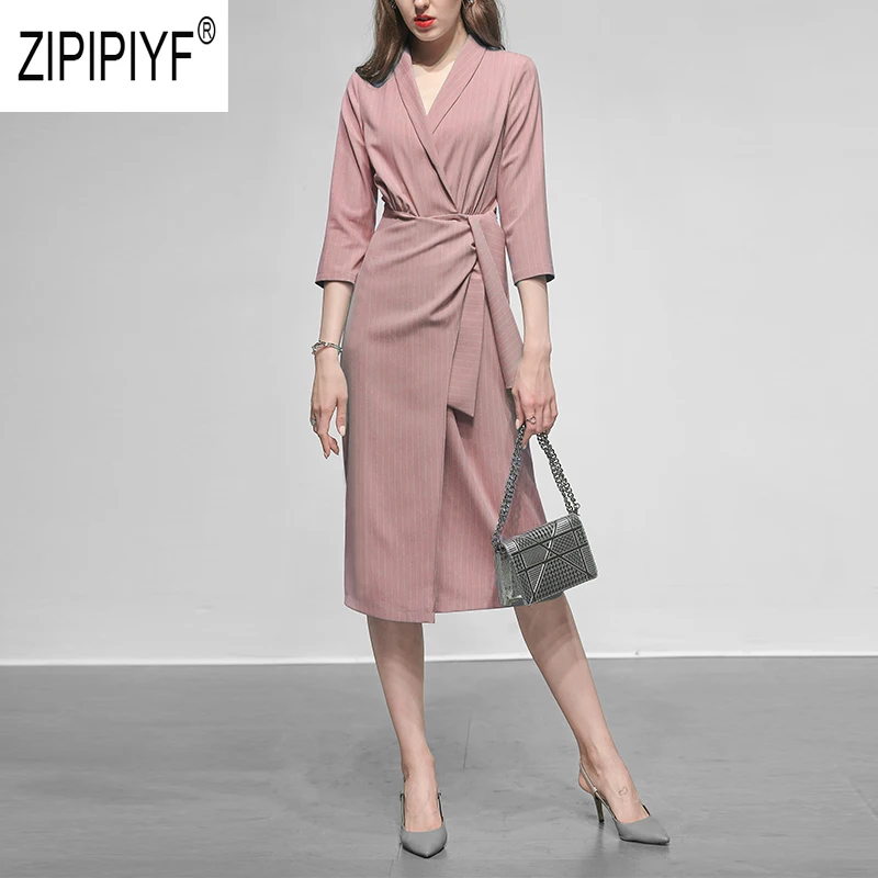 

2019 Autumn Fashion Women Dresses Ruffles Turn Down Neck Three Quarter Asymmetric Dresses Striped Sexy Office Lady Dresses Z2381