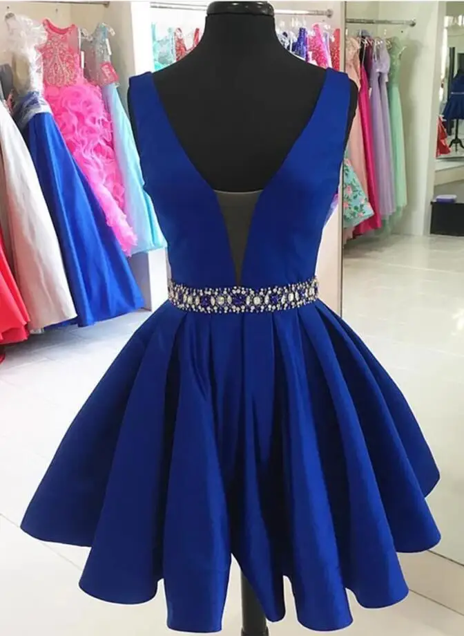 

Hot Sale Blue Short Homecoming Dresses Crystals Sash Satin Mini Prom Dress Party gowns Sexy V Neck Graduation Dress vestidos