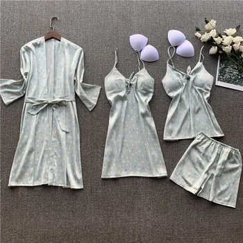 

Pajama women's four piece set spring and summer new silk sexy suspender shorts Nightgown sweet ice silk home clothes