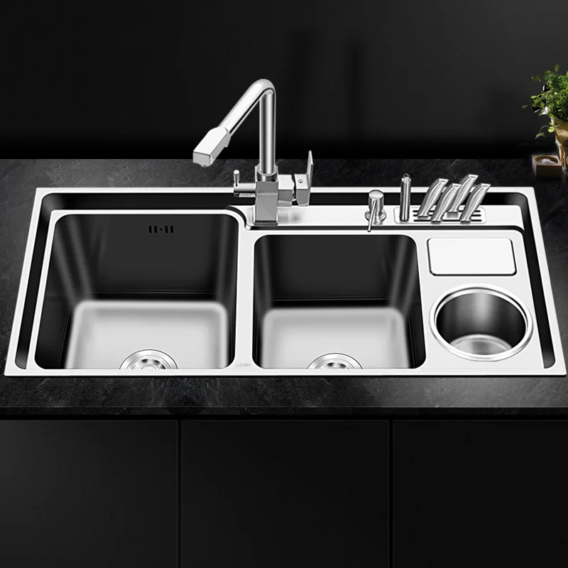 

3 Bowels Kitchen Sink Stainless Steel Trough with Trash Can Knife Holder Brushed Silver 92 * 43cm