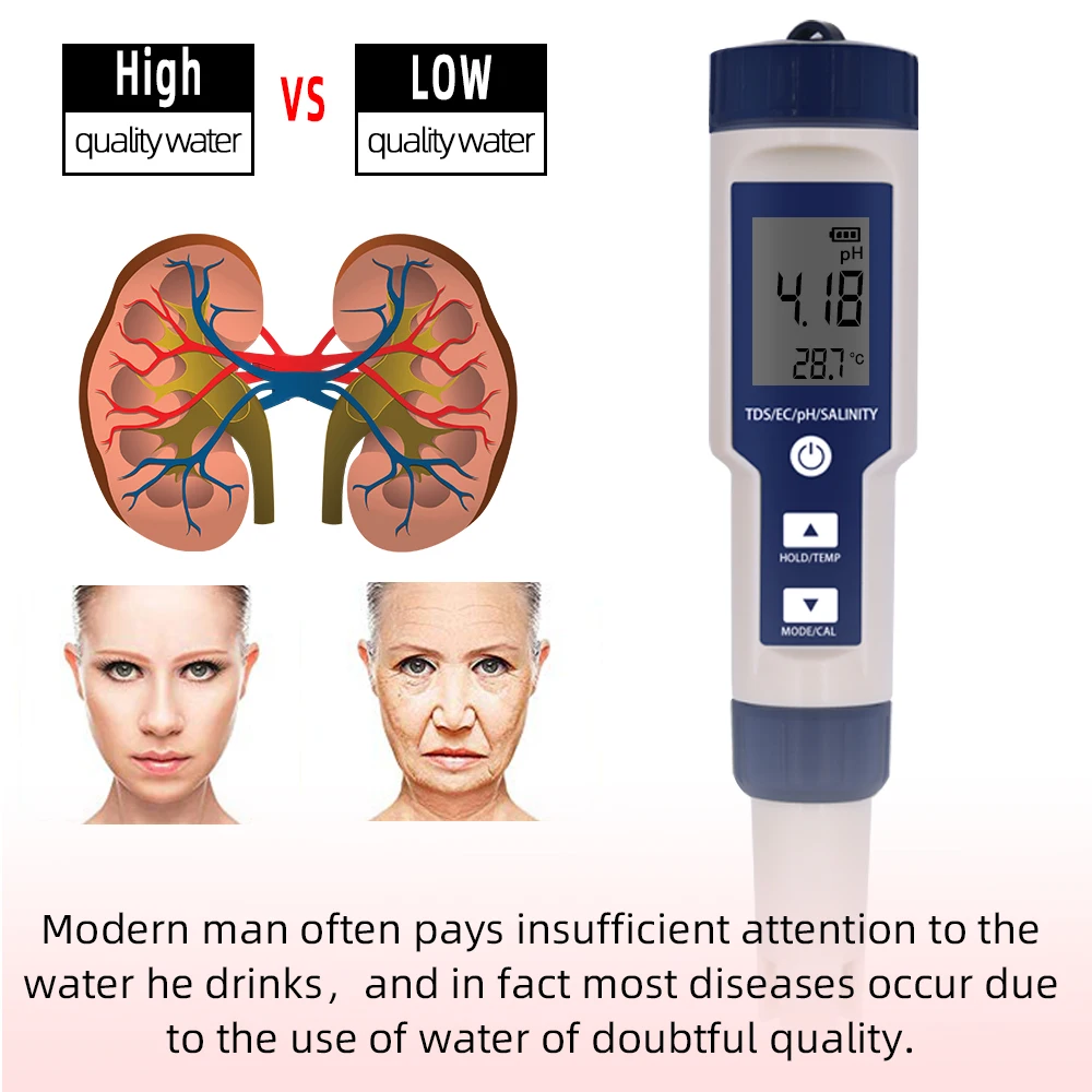 5 IN 1 Meter Digital Waterproof PH Temperature TDS EC Salinity Tester