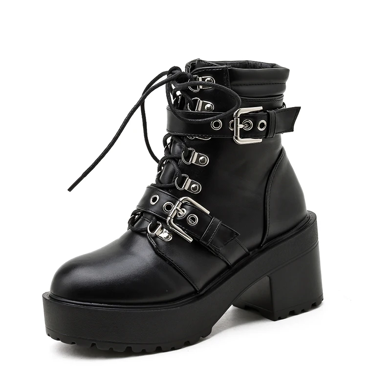 

2020 Autumn Winter Punk Style Women Ankle Boots Round Toe Rivets Lace-Up Female Motorcyle Boots Chunky Heels Ladie Shoes YMB317