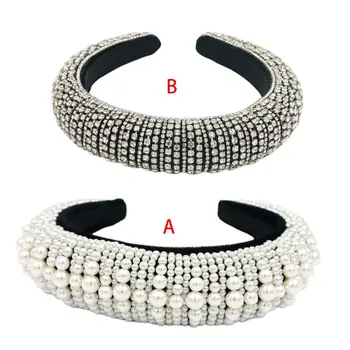 

Baroque Jewelry Rhinestone Faux Pearl Headband Women Thick Padded Wide Hair Hoop