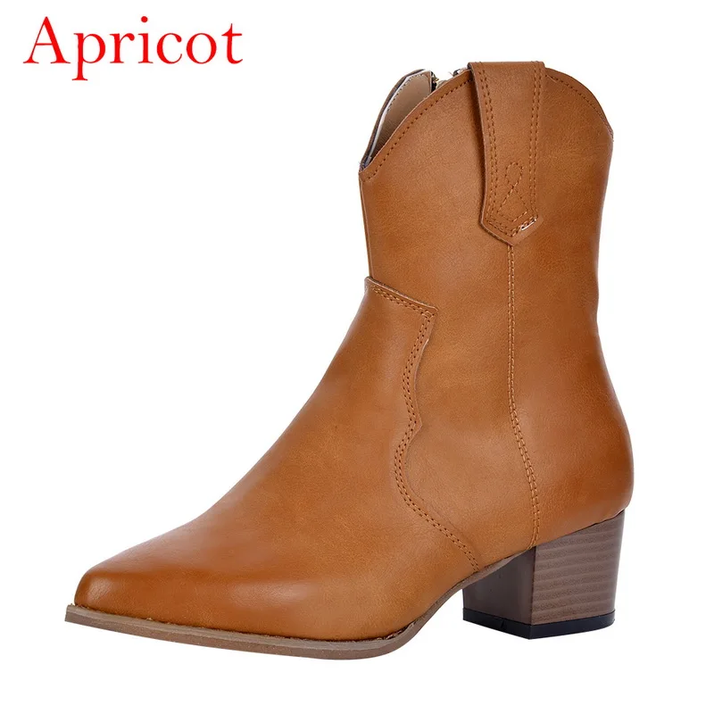 Apricot 1 WENYUJH/ковбойские сапоги в западном стиле; женские сапоги до середины икры; Цвет черный, желтый, белый; зимние сапоги с острым носком; ковбойские полусапожки; женская обувь - Цвет: Apricot 1