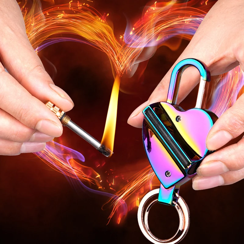 

Fiery Love Heart Reusable Endless Match Keychain Windproof Fire Starter Flint For Survival Tool Creative Lighter Gadgets For Man