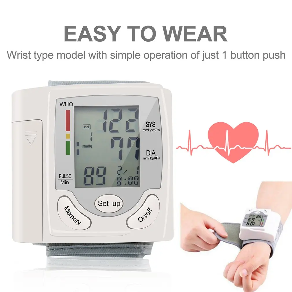Automatic Digital LCD Display Wrist Blood Pressure Monitor Device Heart Beat Rate Pulse Meter Measure Tonometer White Oximeter