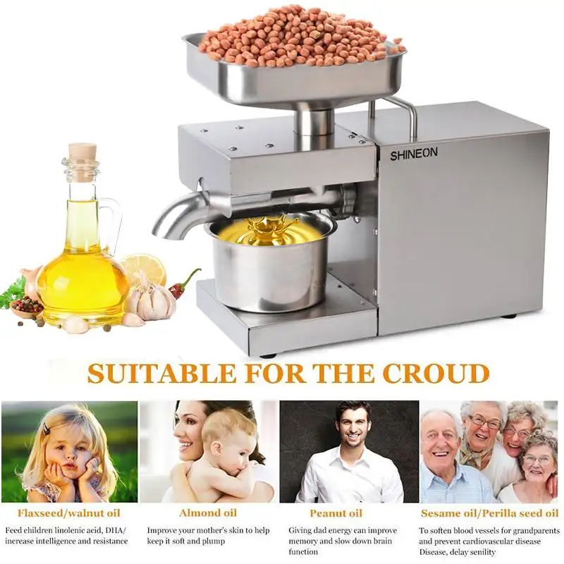 Oil Press 220V/110V Small Business Equipment Machine Stainless steel oil pressure Peanutss Sesame Nut Oil extractor EU/US Plug