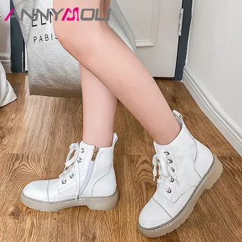 

ANNYMOLI Motorcycle Boots Woman Real Leather Ankle Boots Zip Flat Platform Short Boots Lace Up Female Shoes Autumn Winter White