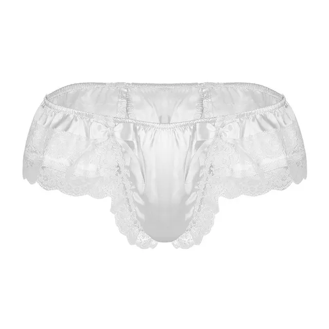 Sexy Men Sissy Panties Shiny Soft Satin Lingerie Double Layers Floral Lace Back with Big Bowknot Low Rise Bikini Thong Underwear compression knee high stockings Exotic Apparel