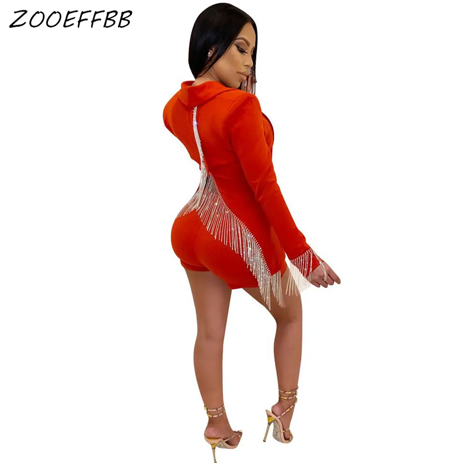 Zooefffbb, комплект из 2 предметов, женская праздничная одежда, с разрезом сзади, с бахромой, блейзер, топ, шорты, комплект из двух предметов, сексуальные клубные наряды