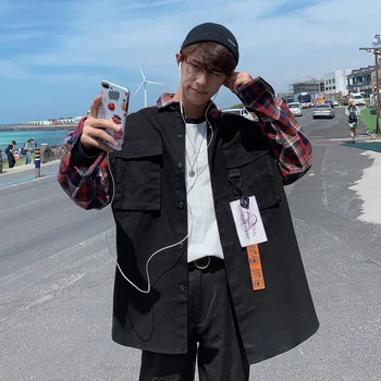 

2019 Autumn New Loose Temperament Youth Japanese Korean Version Of The Color Work Tooling Beam Couples Casual Shirt