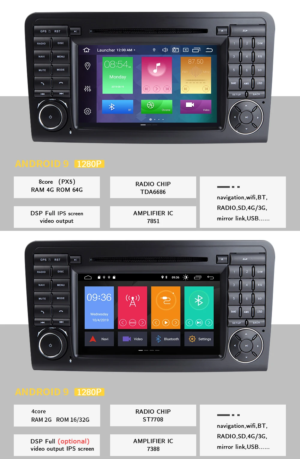 4 ГБ 2 Din Android 9,0 DVD мультимедиа для Mercedes Benz класса мл W164 X164 ML350 ML300 GL500 ML320 ML280 GL350 GL450GPS радио