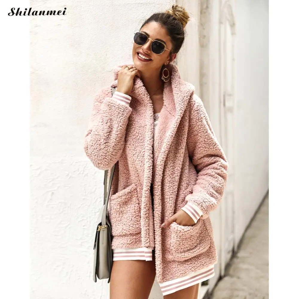 Женское флисовое пальто с капюшоном Стильная розовая Chaqueta Mujer Высокая мода женское меховое пальто свободная верхняя одежда осенне-зимнее плюшевое пальто