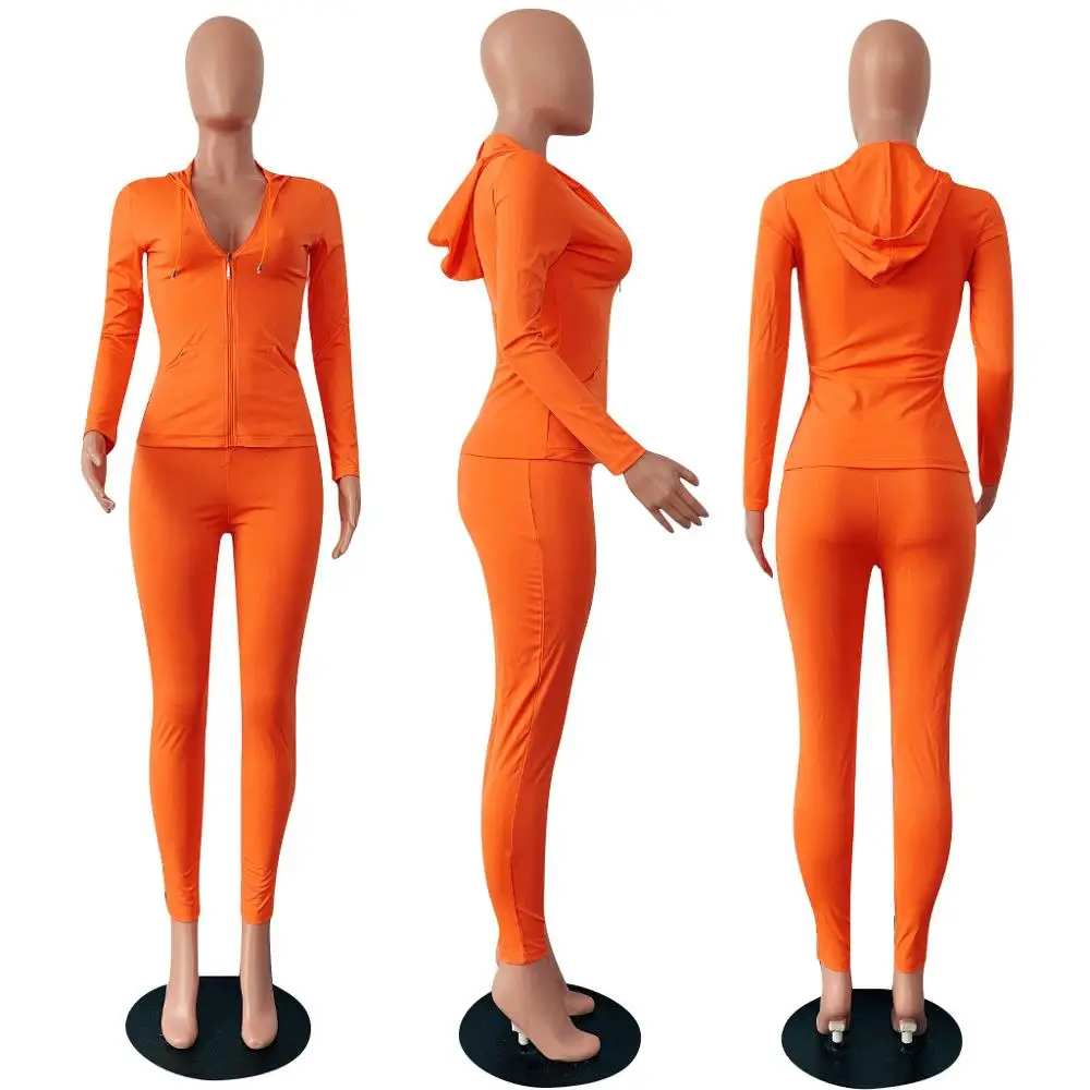 autumn Women Solid zipper up long sleeve hooded top pencil pants suit two piece set casual sporting tracksuit outfit GL6303