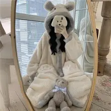Pijamas Winter Ins Loose Thickened Warm Long Cute Hooded Pajamas Nightgown Sleepwear Women Female Students Robe Set Pajama Woman