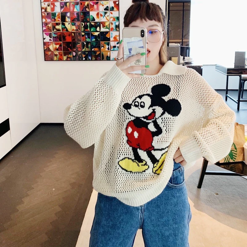 

2019 Korean Preppy Autumn New Lapel Long-sleeved Hollow Mickey Cartoon Casual Knitted Tops Female 2019 Fashion Knitting Sweaters