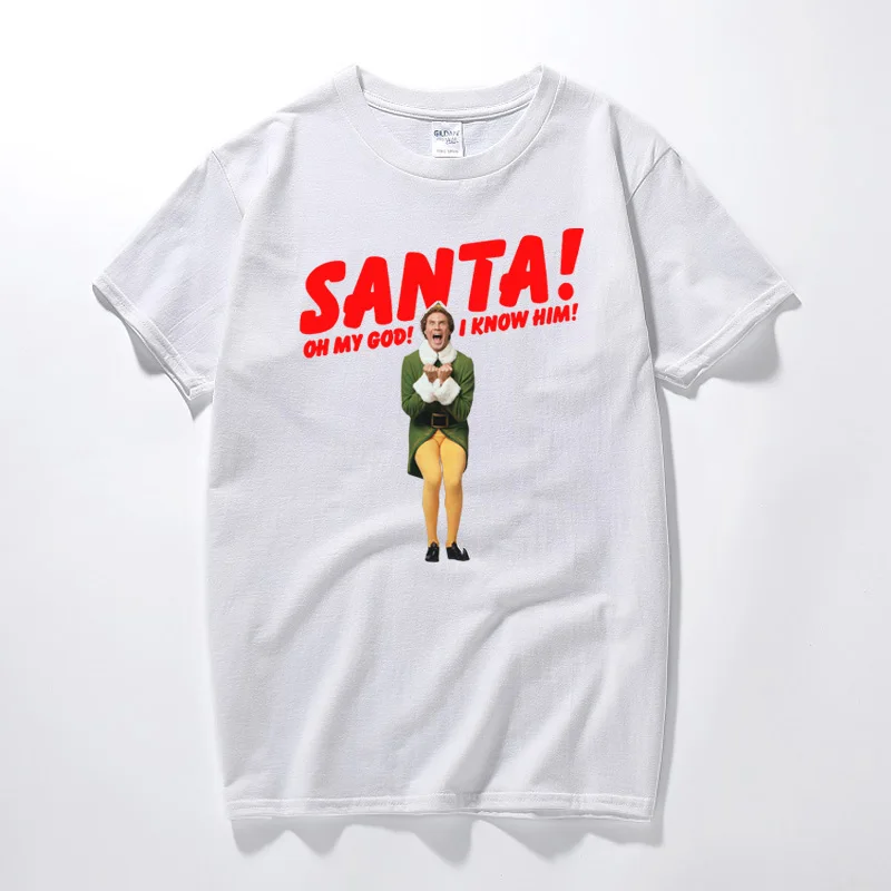 SANTA! I KNOW HIM! T-Shirt Funny Buddy The Elf Christmas Mens Gift Top Fashion Streetwear Cotton Short Sleeve T shirt | Мужская одежда