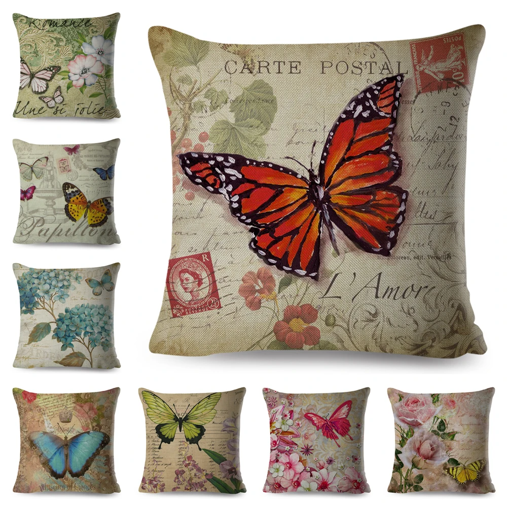 18'' Butterfly Print Cotton Linen Pillow Case Cushion Cover Sofa Home Decor 