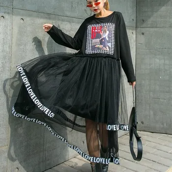 

Spring O-Neck Long Sleeve Pullovers Dress Women High Street Mesh Spliced Irregular Dress Plus Size Loose Long Dresses LT069S30