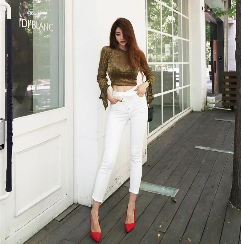 

JUJULAND woman white pencil pants button high street ins casual skinny good quality jeans 7393