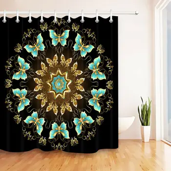 

Waterproof Fabric Mandala Blue Golden Shower Curtain Set Bathroom Custom