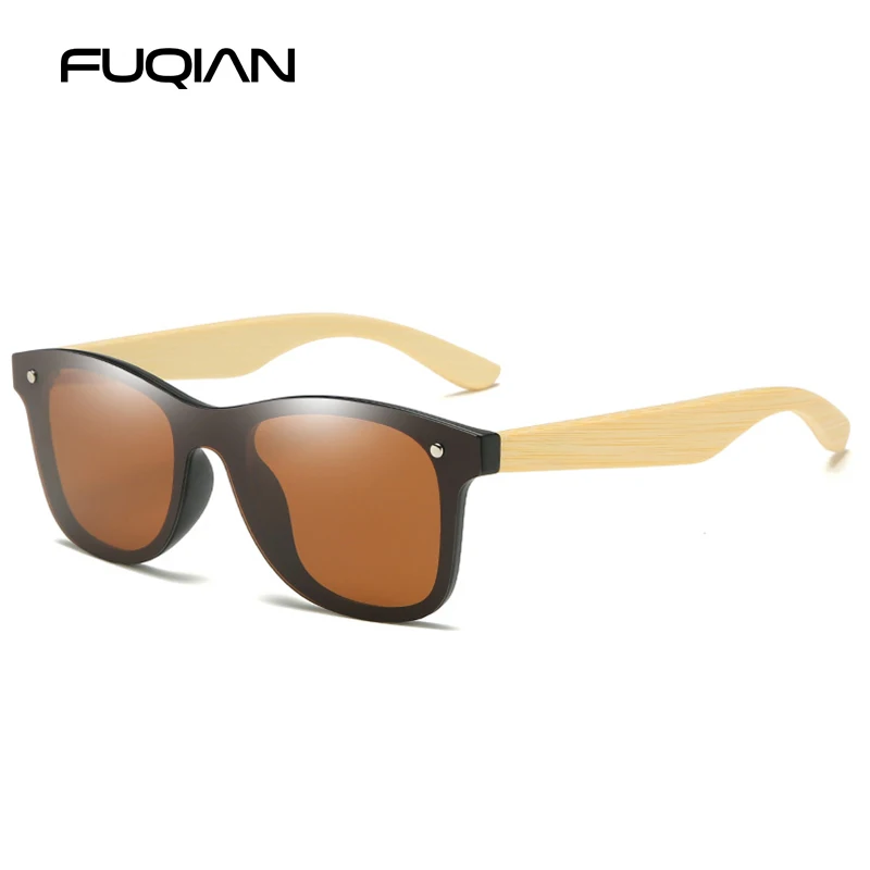 FUQIAN бамбуковые деревянные поляризованные солнцезащитные очки мужские модные квадратные солнцезащитные очки женские зеркальные линзы очки для вождения UV400 - Цвет линз: Tea