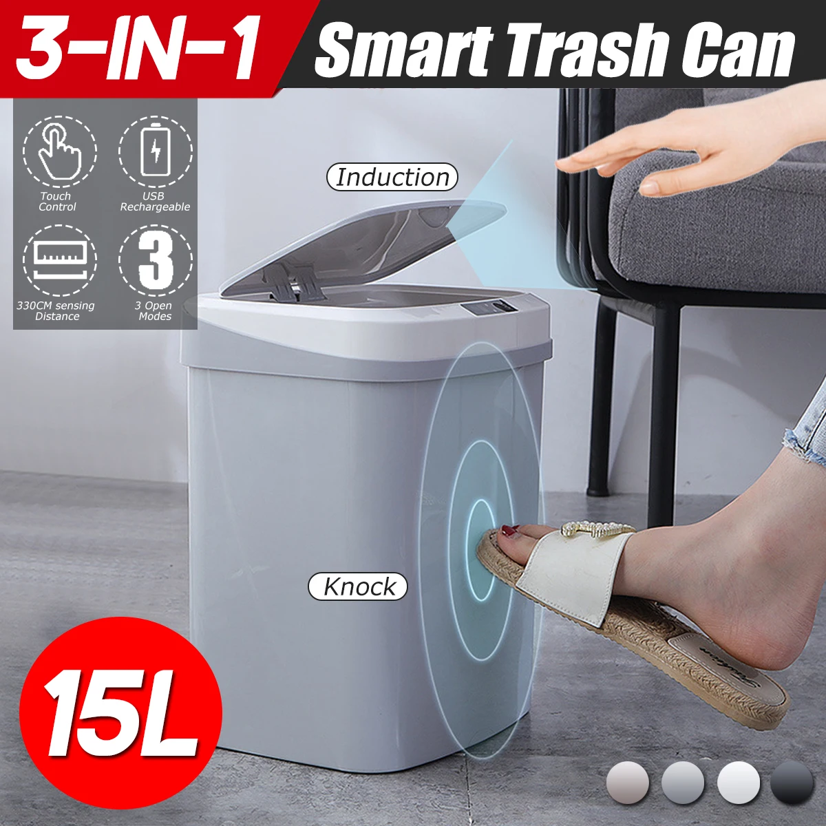 

15L Automatic Touchless Smart Infrared Motion Sensor Rubbish Waste Bin Kitchen Trash Can Garbage Bins for Home Room Kitchen Car