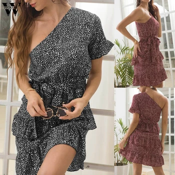 

Womail Dress 2020 Women Summer Dress Boho Print Chiffon Mini Dress Sexy One Off Shoulder Ruffle Beach Dress Sundress Vestidos P0