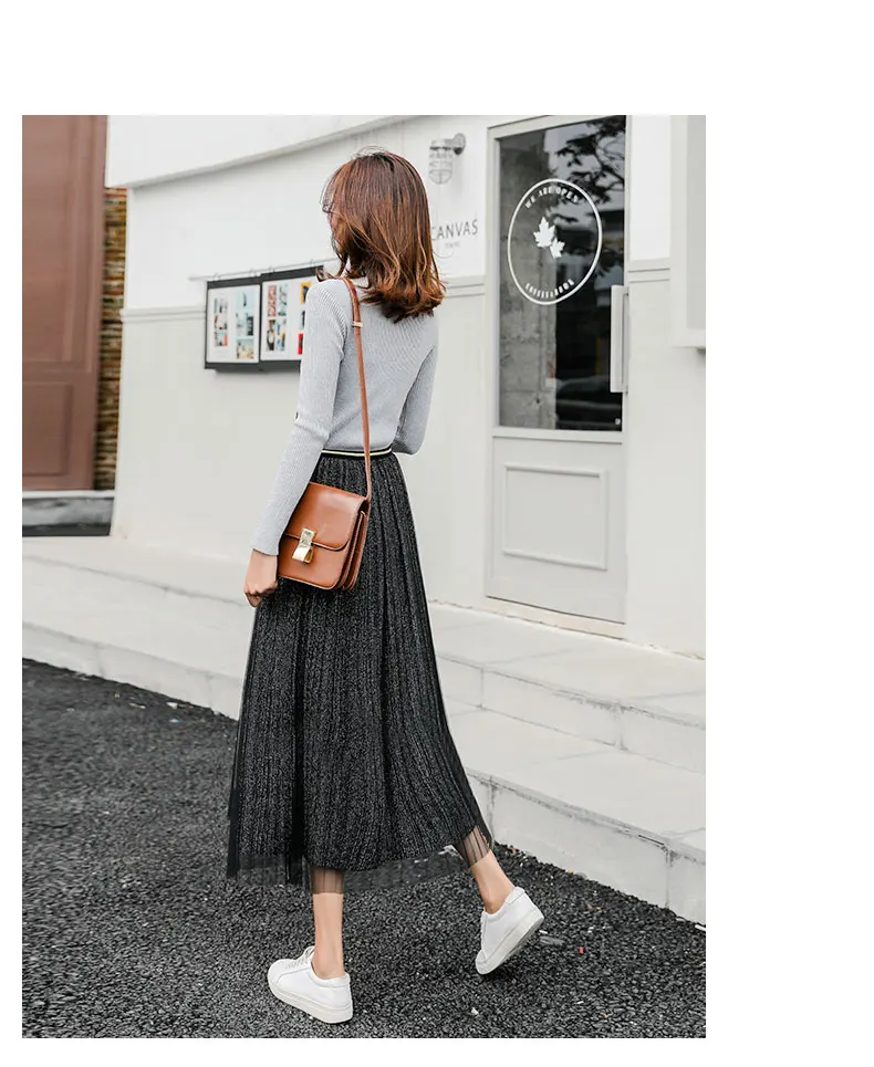 Pleated Bright Silk Mesh Skirt Women Autumn Elegant Korean Clothes New Solid Color Fashion All-match Long Skirt 2 Colors