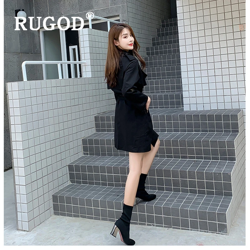 RUGOD/Винтажный Тренч, женское корейское двубортное пальто средней длины с поясом, ветровка, женская мода, осенняя верхняя одежда, пальто